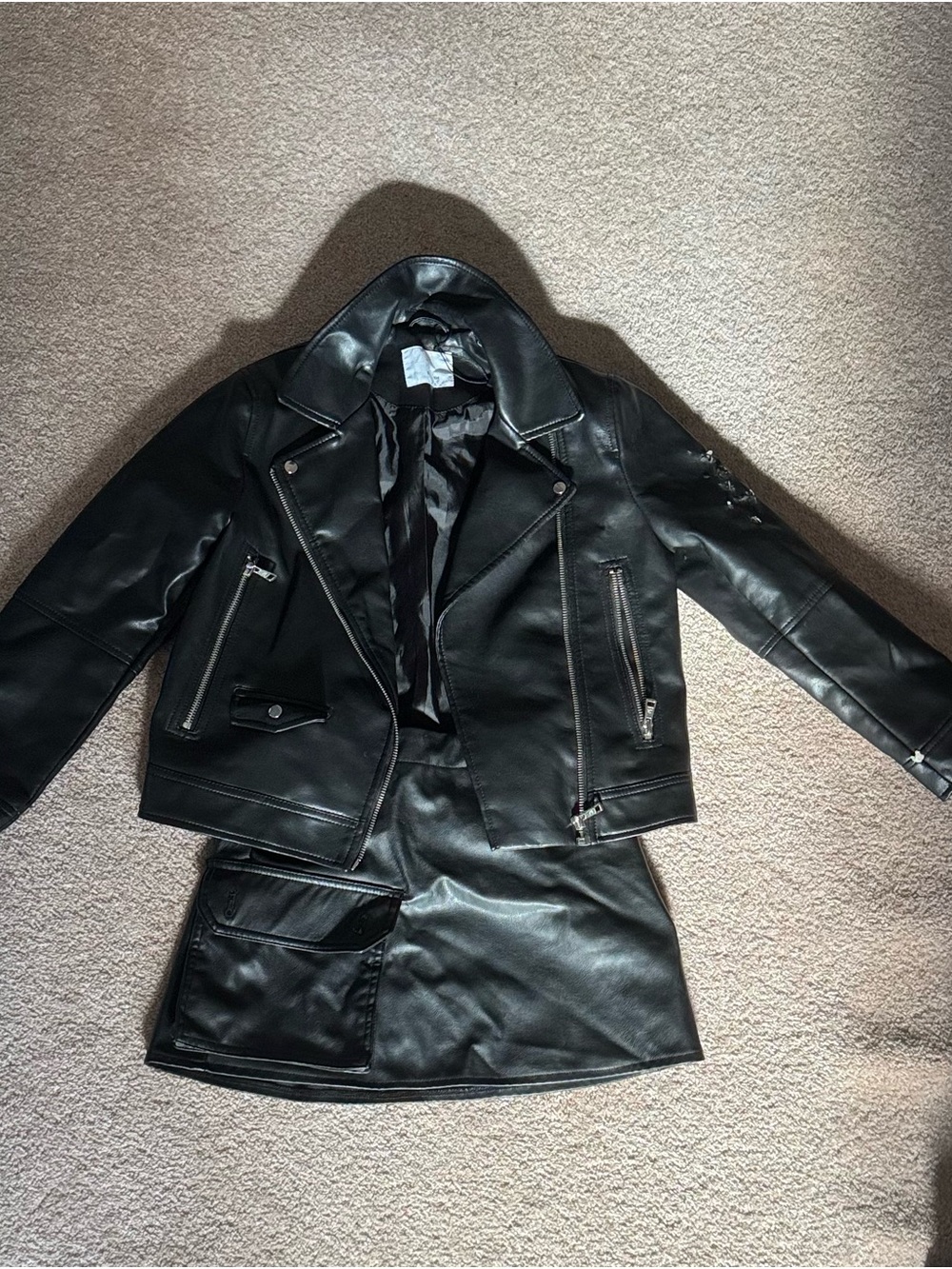 Zara Kids Black Faux Leather Moto Jacket + H&M Skirt Set Size 9 and 10